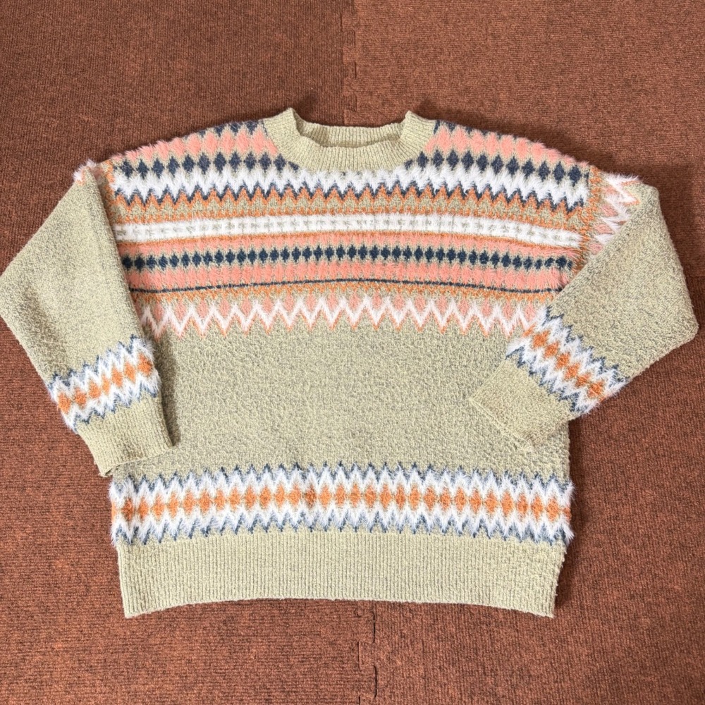 Altar'd State Striped Fair Isle Eyelash Knit Sweater Green Peach Orange Pullover